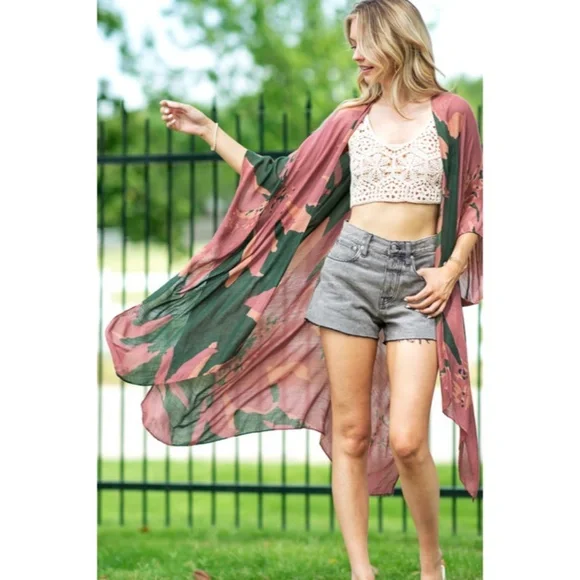 SOLD OUT Sage Pink Long Floral Sweeping Summer Vacation Casual Coverup Wrap - Picture 2 of 4